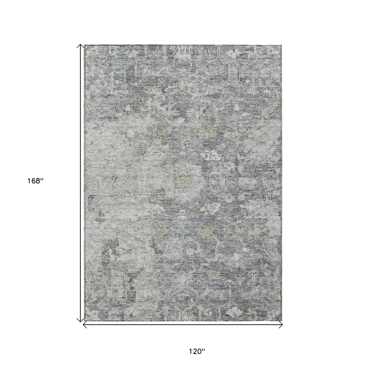 10' X 14' Gray Beige And Charcoal Oriental Washable Indoor Outdoor Area Rug