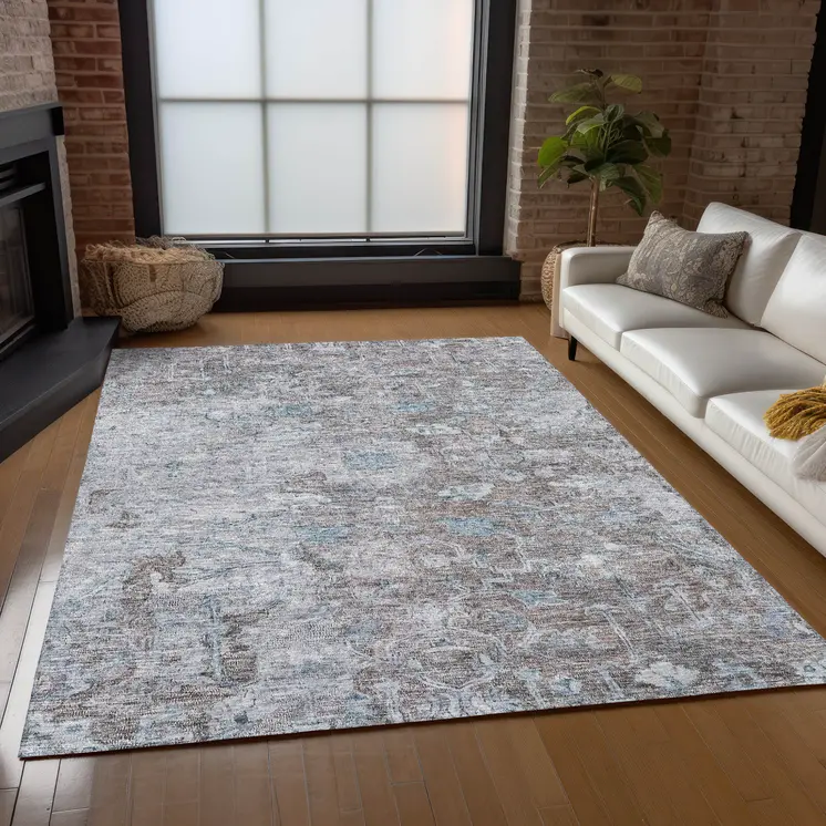 3' X 5' Brown And Blue Oriental Washable Indoor Outdoor Area Rug