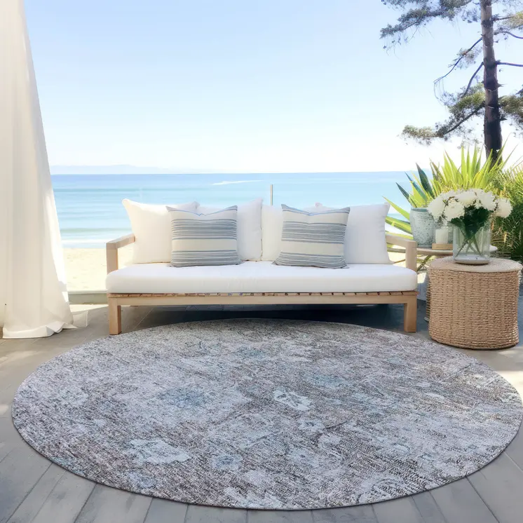 8' Brown And Blue Round Oriental Washable Indoor Outdoor Area Rug