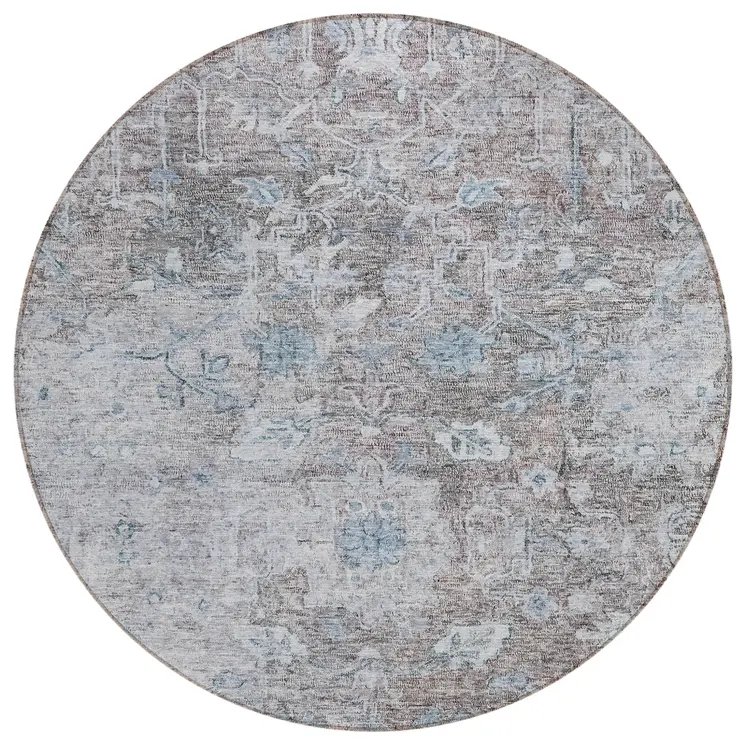 8' Brown And Blue Round Oriental Washable Indoor Outdoor Area Rug
