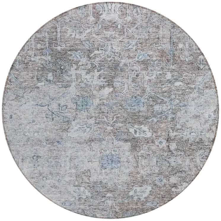 8' Brown And Blue Round Oriental Washable Indoor Outdoor Area Rug