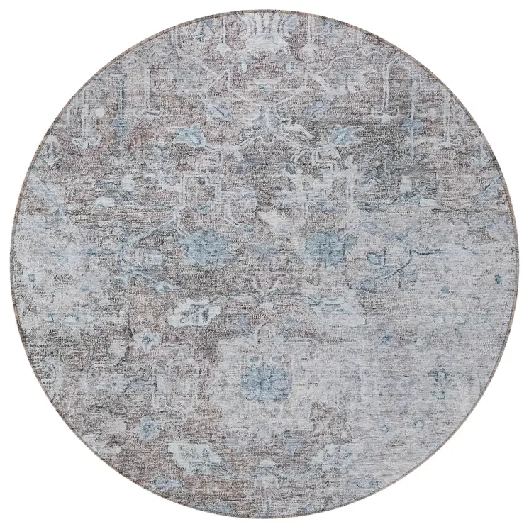 8' Brown And Blue Round Oriental Washable Indoor Outdoor Area Rug