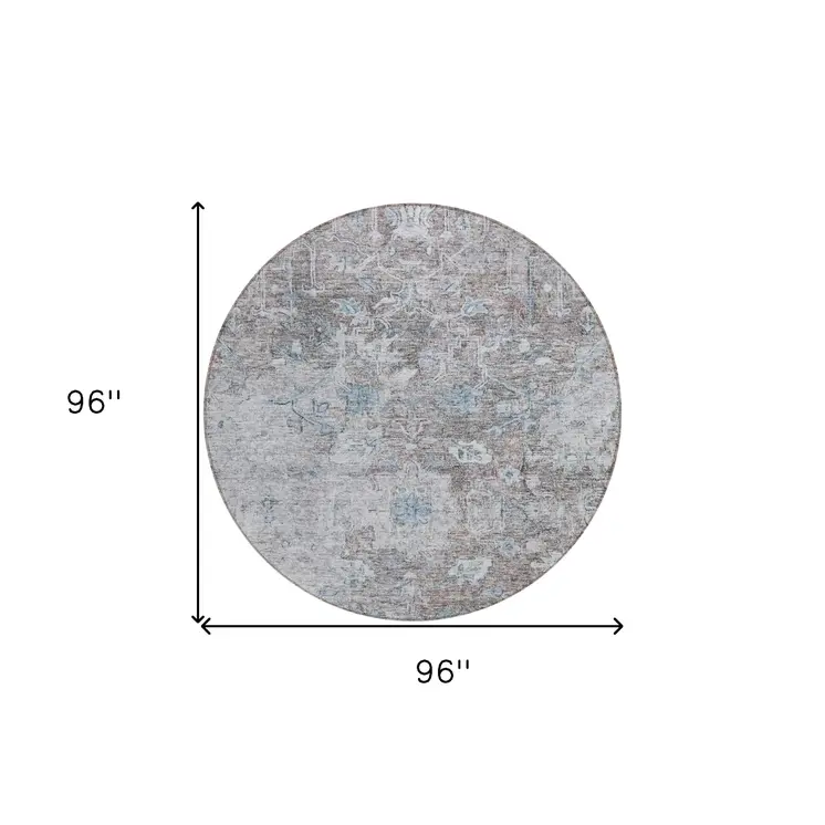 8' Brown And Blue Round Oriental Washable Indoor Outdoor Area Rug