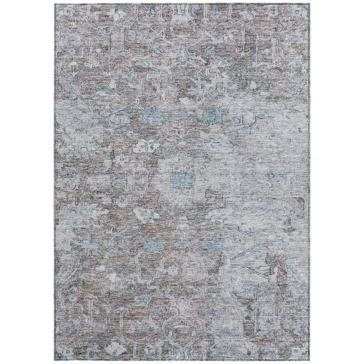 10' X 14' Brown And Blue Oriental Washable Indoor Outdoor Area Rug