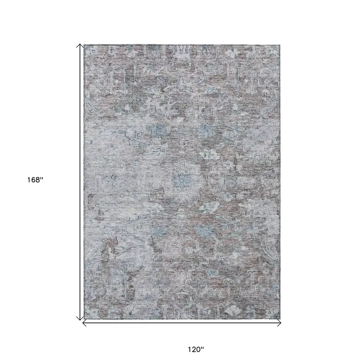 10' X 14' Brown And Blue Oriental Washable Indoor Outdoor Area Rug