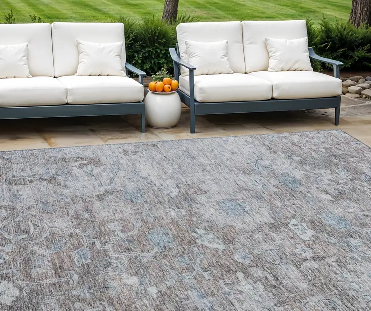 10' X 14' Brown And Blue Oriental Washable Indoor Outdoor Area Rug