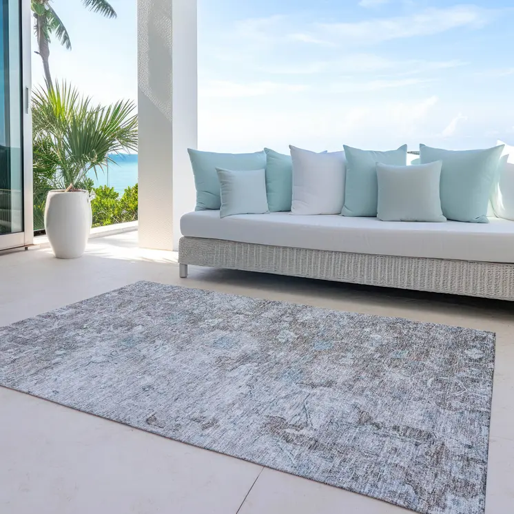 10' X 14' Brown And Blue Oriental Washable Indoor Outdoor Area Rug
