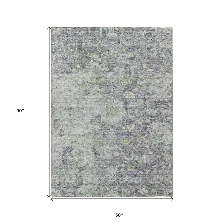 5' X 8' Plum Purple And Olive Green Oriental Washable Indoor Outdoor Area Rug