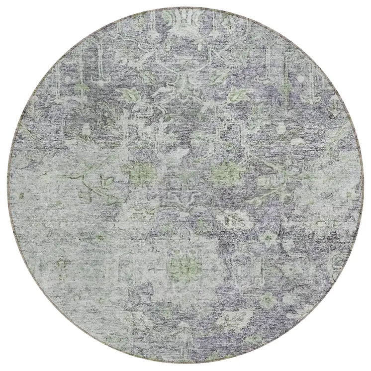 8' Plum Purple And Olive Green Round Oriental Washable Indoor Outdoor Area Rug