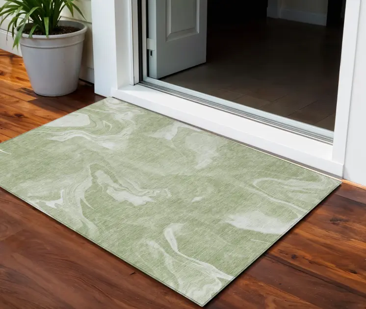 3' X 5' Artichoke Green Fern Green And Ivory Abstract Washable Indoor Outdoor Area Rug