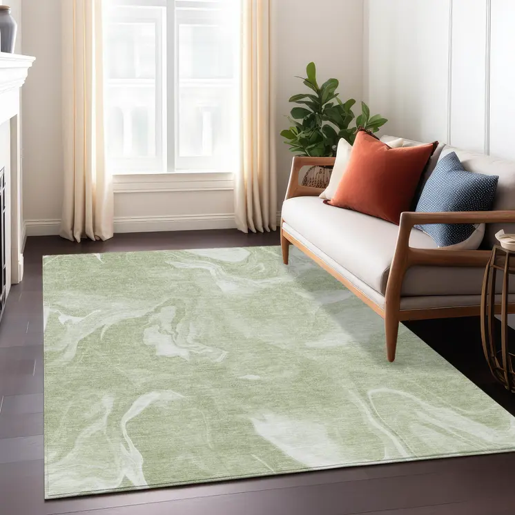 3' X 5' Artichoke Green Fern Green And Ivory Abstract Washable Indoor Outdoor Area Rug