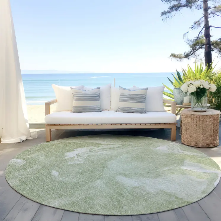 8' Artichoke Green Fern Green And Ivory Round Abstract Washable Indoor Outdoor Area Rug
