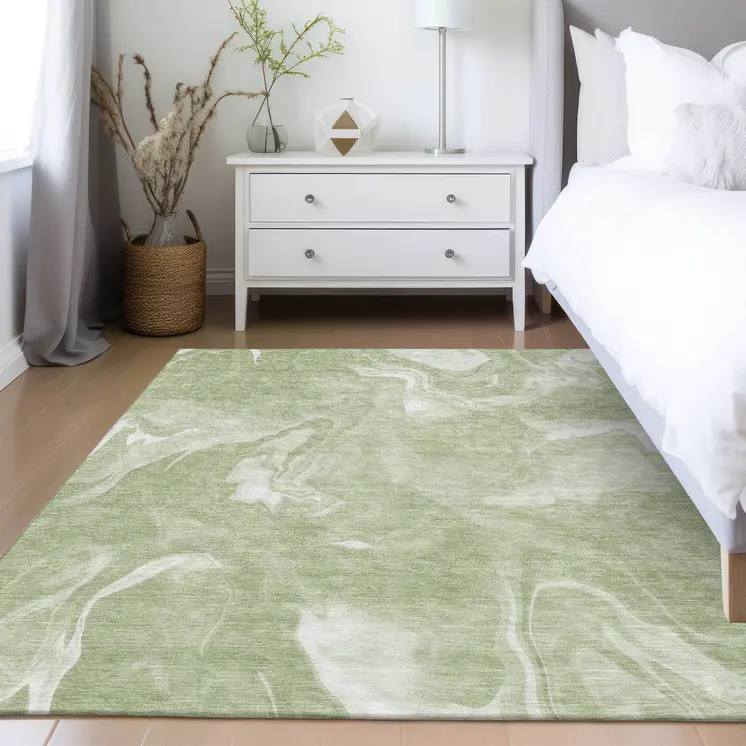 9' X 12' Artichoke Green Fern Green And Ivory Abstract Washable Indoor Outdoor Area Rug