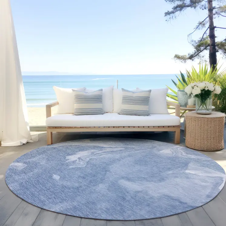 8' Blue And Sky Blue Round Abstract Washable Indoor Outdoor Area Rug