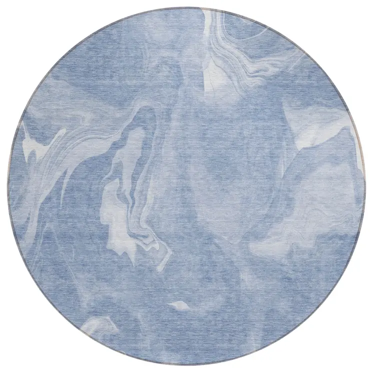 8' Blue And Sky Blue Round Abstract Washable Indoor Outdoor Area Rug