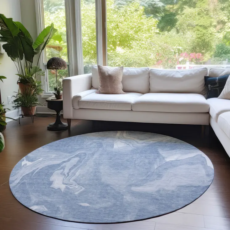 8' Blue And Sky Blue Round Abstract Washable Indoor Outdoor Area Rug