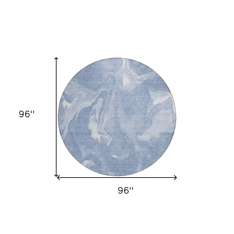 8' Blue And Sky Blue Round Abstract Washable Indoor Outdoor Area Rug