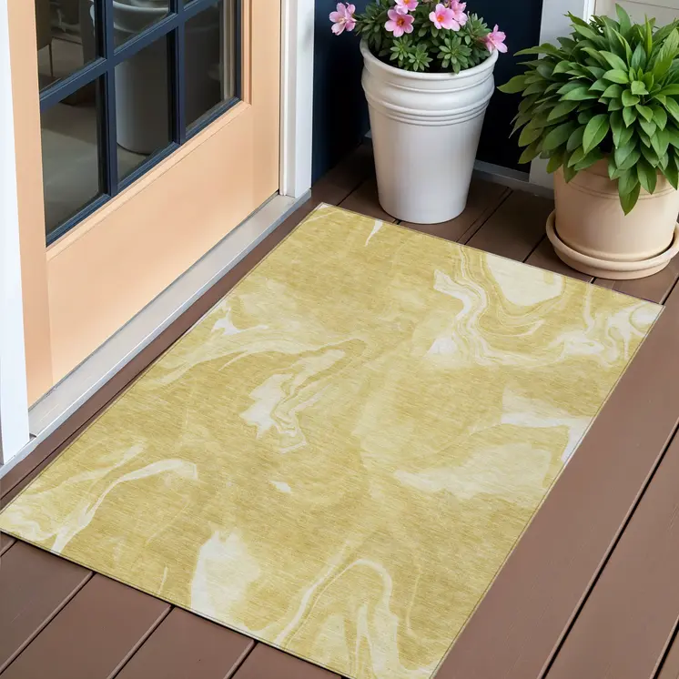 3' X 5' Gold Wheat And Ivory Abstract Washable Indoor Outdoor Area Rug