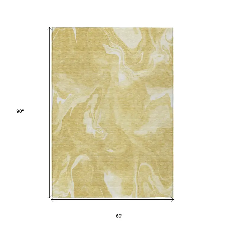 5' X 8' Gold Wheat And Ivory Abstract Washable Indoor Outdoor Area Rug