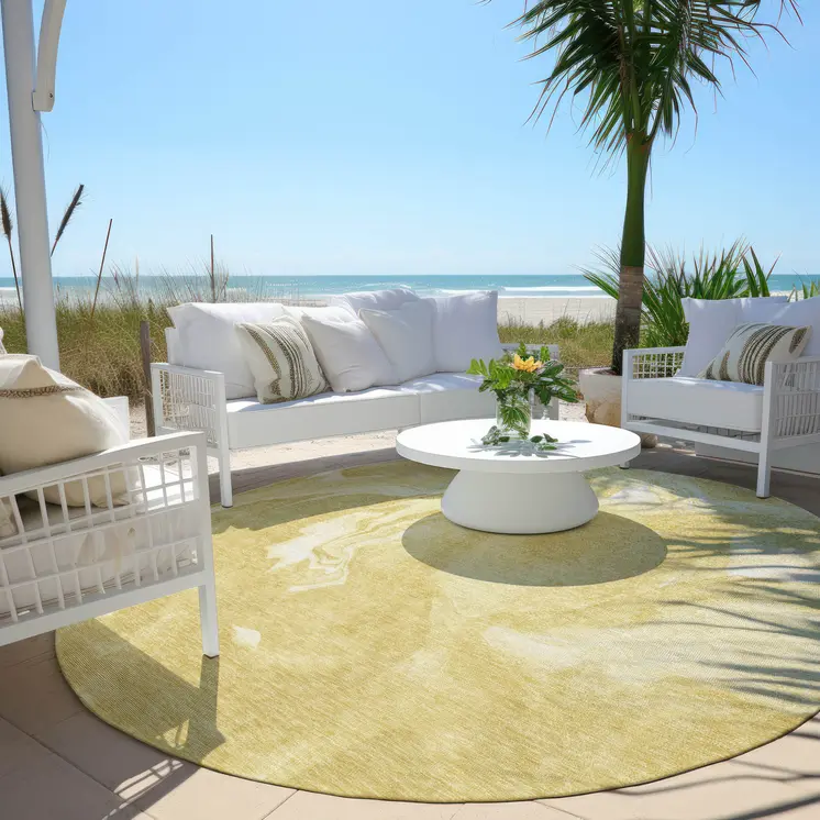 8' Gold Wheat And Ivory Round Abstract Washable Indoor Outdoor Area Rug
