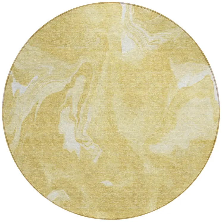 8' Gold Wheat And Ivory Round Abstract Washable Indoor Outdoor Area Rug