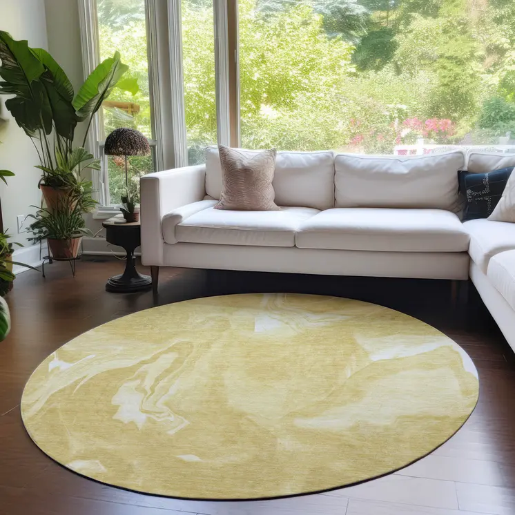 8' Gold Wheat And Ivory Round Abstract Washable Indoor Outdoor Area Rug