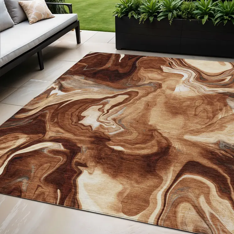 5' X 8' Orange Copper And Ivory Abstract Washable Indoor Outdoor Area Rug