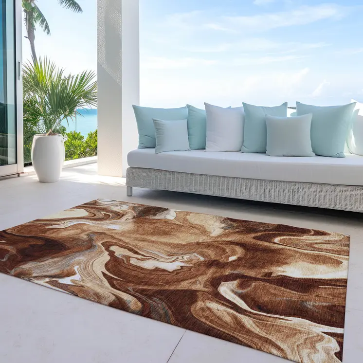 5' X 8' Orange Copper And Ivory Abstract Washable Indoor Outdoor Area Rug