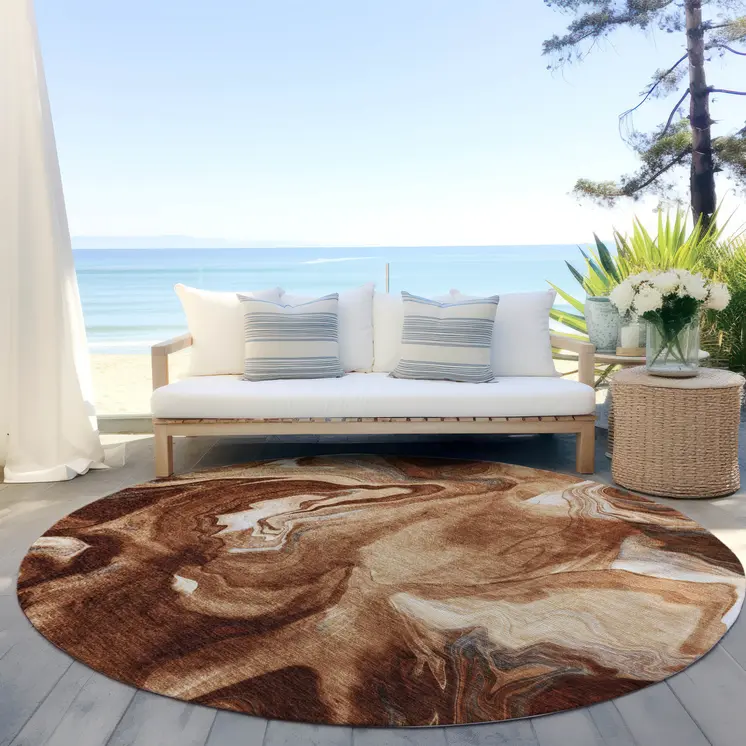 8' Orange Copper And Ivory Round Abstract Washable Indoor Outdoor Area Rug