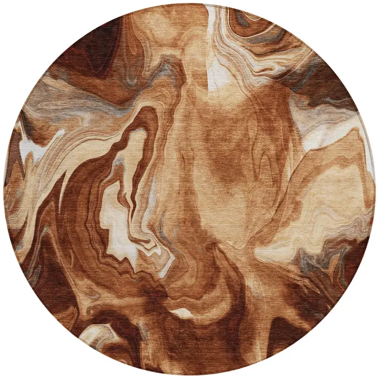 8' Orange Copper And Ivory Round Abstract Washable Indoor Outdoor Area Rug