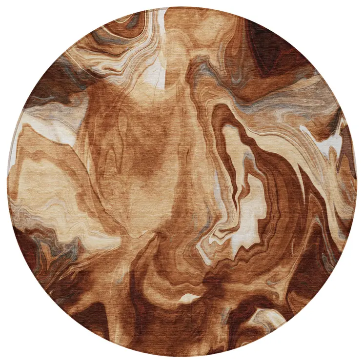 8' Orange Copper And Ivory Round Abstract Washable Indoor Outdoor Area Rug