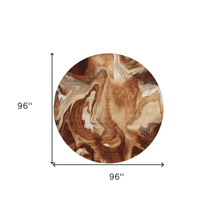 8' Orange Copper And Ivory Round Abstract Washable Indoor Outdoor Area Rug