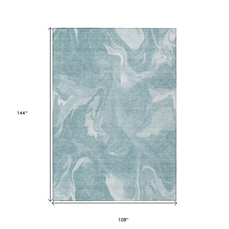9' X 12' Teal Blue And Aqua Abstract Washable Indoor Outdoor Area Rug