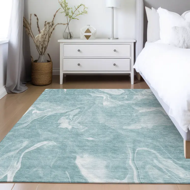 9' X 12' Teal Blue And Aqua Abstract Washable Indoor Outdoor Area Rug