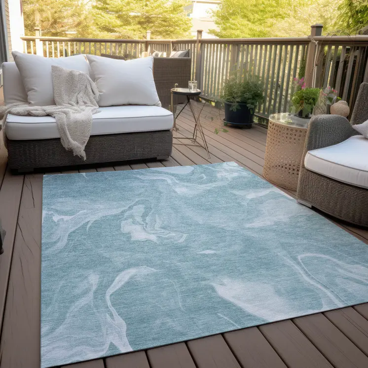10' X 14' Teal Blue And Aqua Abstract Washable Indoor Outdoor Area Rug