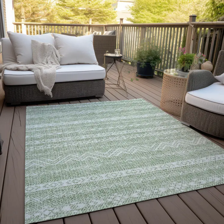 5' X 8' Artichoke Green And Green Southwestern Washable Indoor Outdoor Area Rug