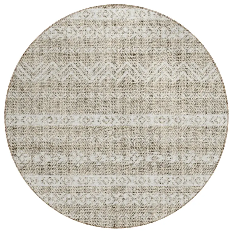 8' Beige And Ivory Round Southwestern Washable Indoor Outdoor Area Rug