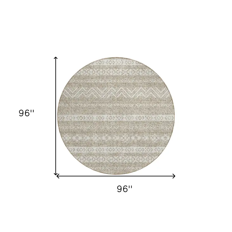 8' Beige And Ivory Round Southwestern Washable Indoor Outdoor Area Rug