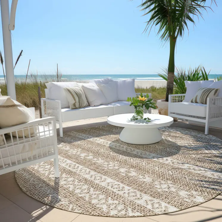 8' Brown And Beige Round Southwestern Washable Indoor Outdoor Area Rug