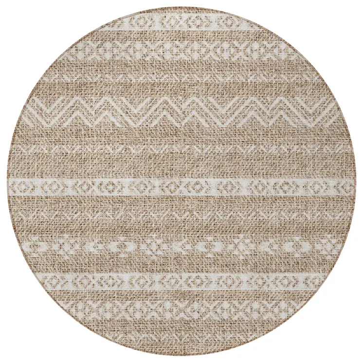 8' Brown And Beige Round Southwestern Washable Indoor Outdoor Area Rug