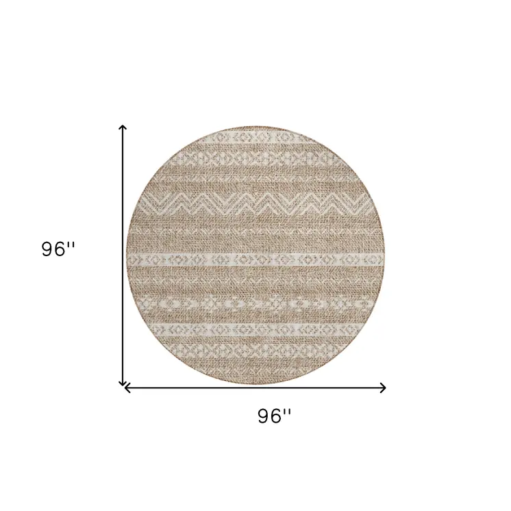 8' Brown And Beige Round Southwestern Washable Indoor Outdoor Area Rug