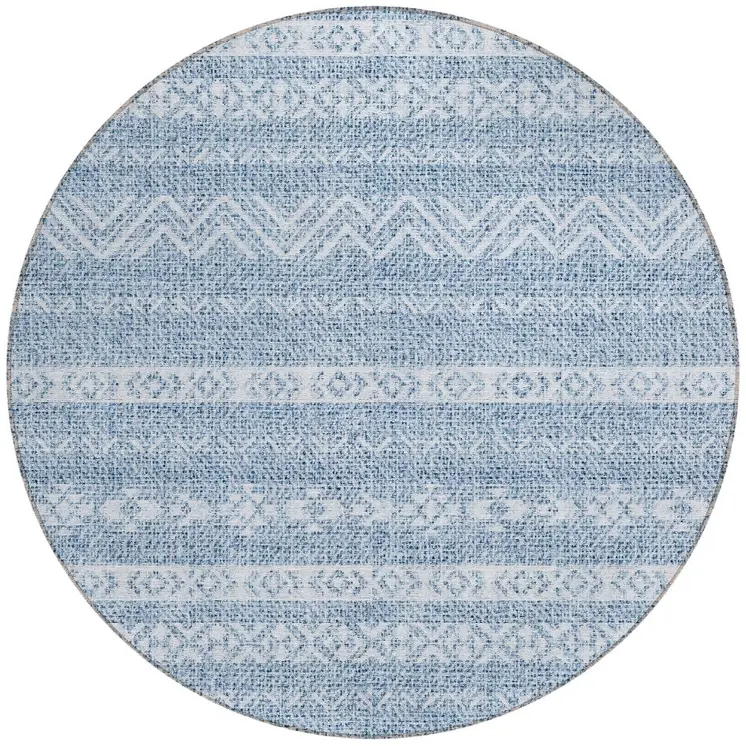 8' Blue And Denim Blue Round Southwestern Washable Indoor Outdoor Area Rug