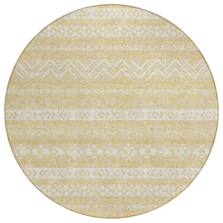 8' Gold And Beige Round Southwestern Washable Indoor Outdoor Area Rug