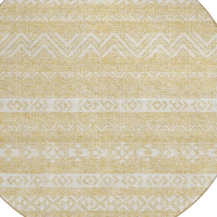 8' Gold And Beige Round Southwestern Washable Indoor Outdoor Area Rug
