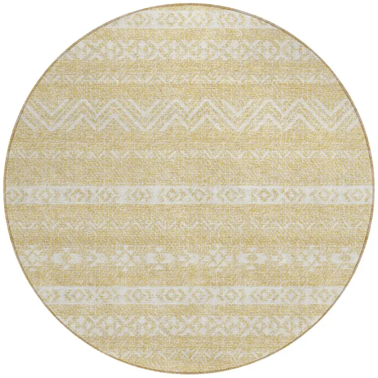 8' Gold And Beige Round Southwestern Washable Indoor Outdoor Area Rug