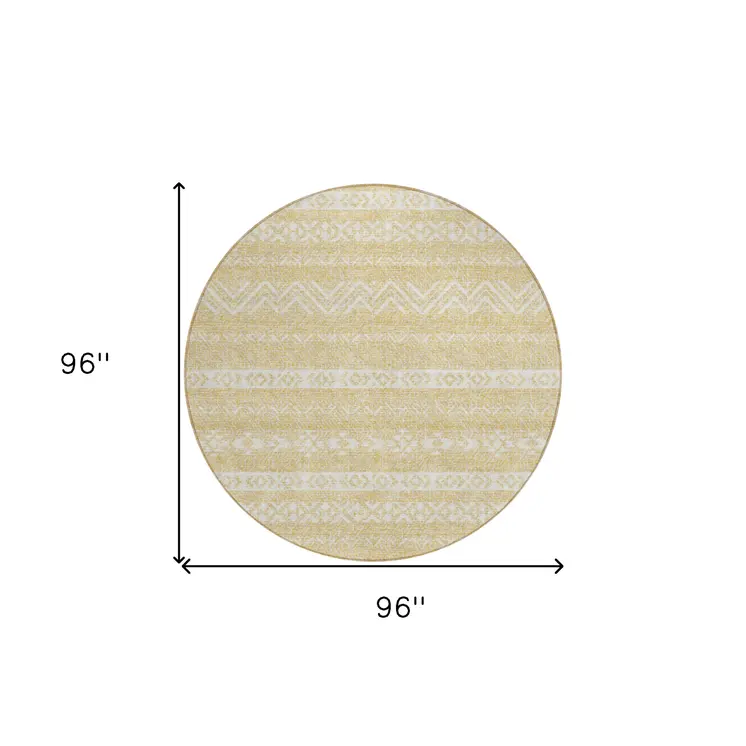 8' Gold And Beige Round Southwestern Washable Indoor Outdoor Area Rug