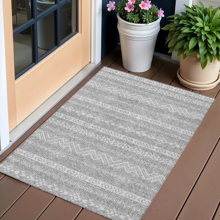 3' X 5' Gray And Silver Southwestern Washable Indoor Outdoor Area Rug