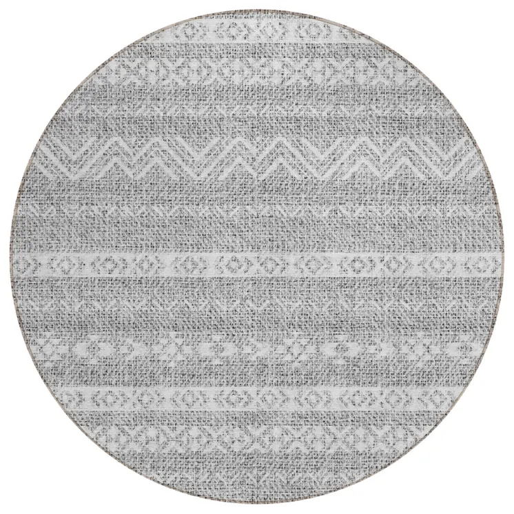 8' Gray And Silver Round Southwestern Washable Indoor Outdoor Area Rug