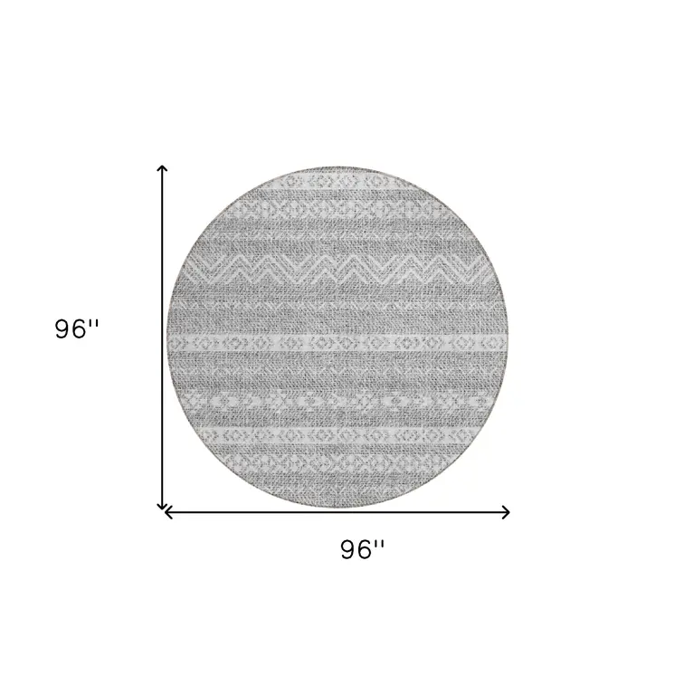8' Gray And Silver Round Southwestern Washable Indoor Outdoor Area Rug