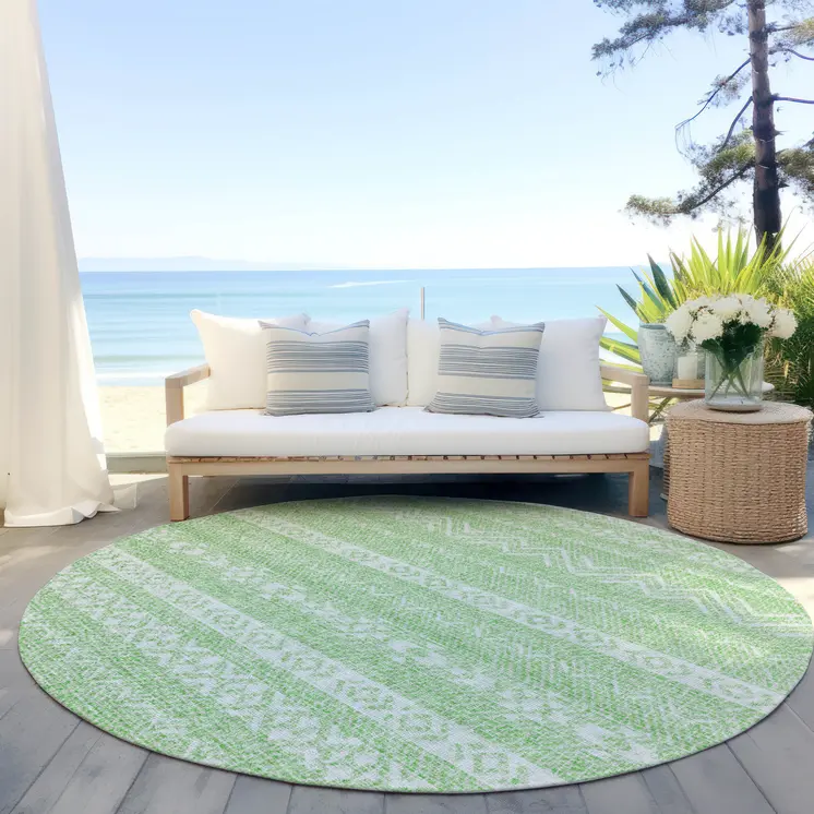 8' Lime Green And Green Round Southwestern Washable Indoor Outdoor Area Rug